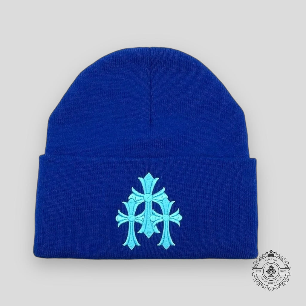 Bonnet brodé triple croix Chrome Hearts en bleu
