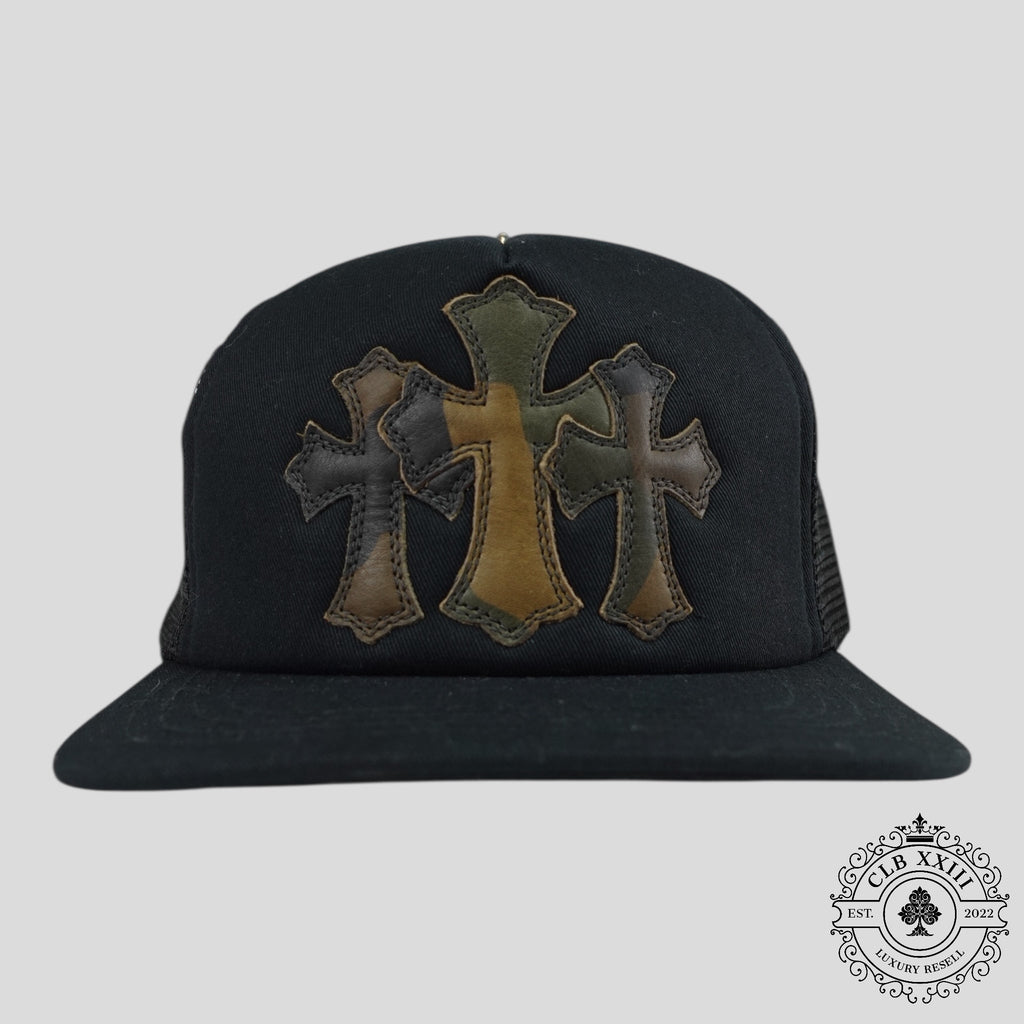 Casquette Trucker Triple Croix en Cuir Chrome Hearts Noir/Camo