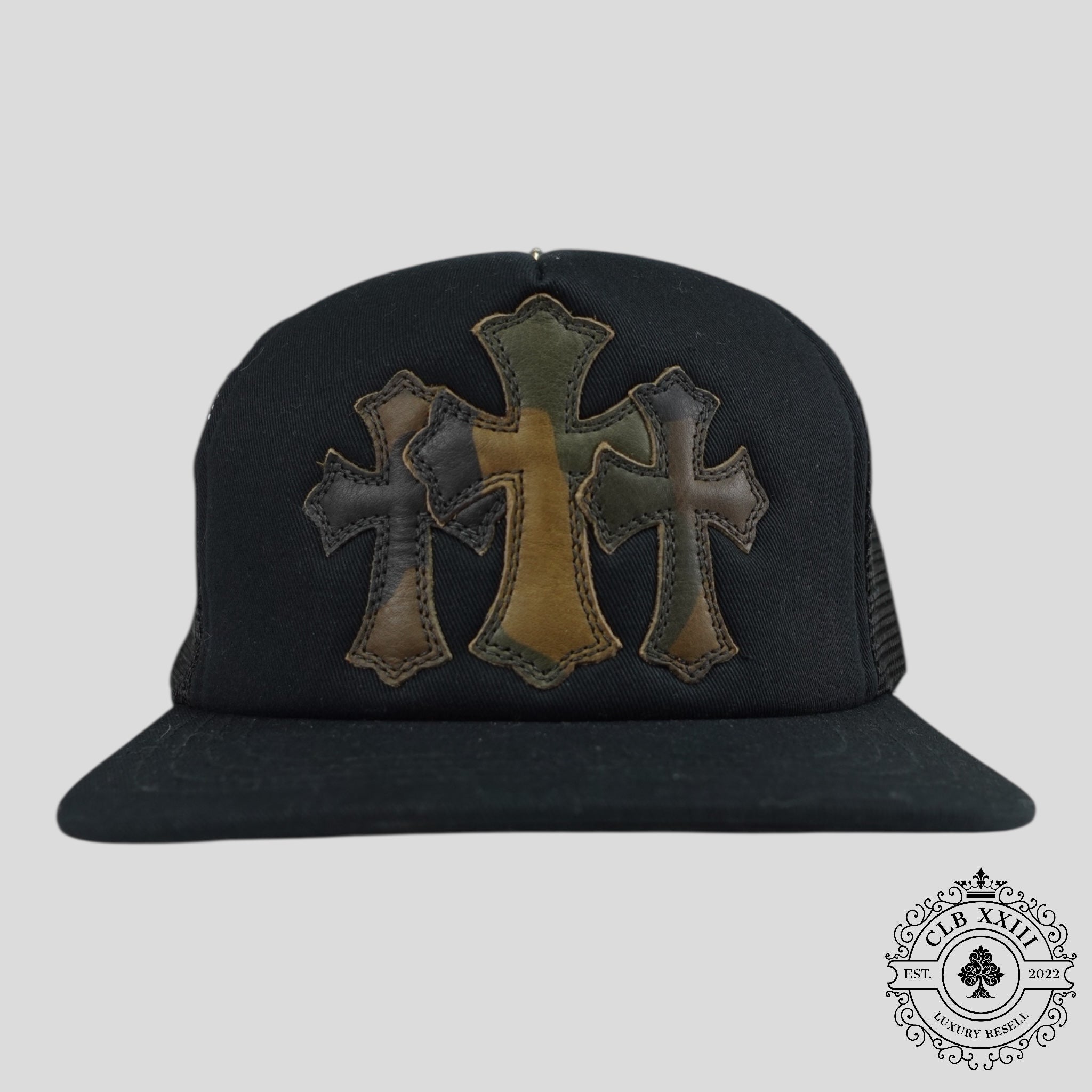 Casquette Trucker Triple Croix en Cuir Chrome Hearts Noir/Camo