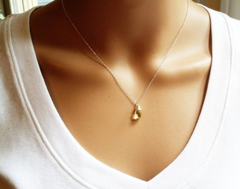 Collier Citrine Jaune - Pierre de Naissance de Novembre - Collier Gouttelette Délicate - Collier en Argent Sterling