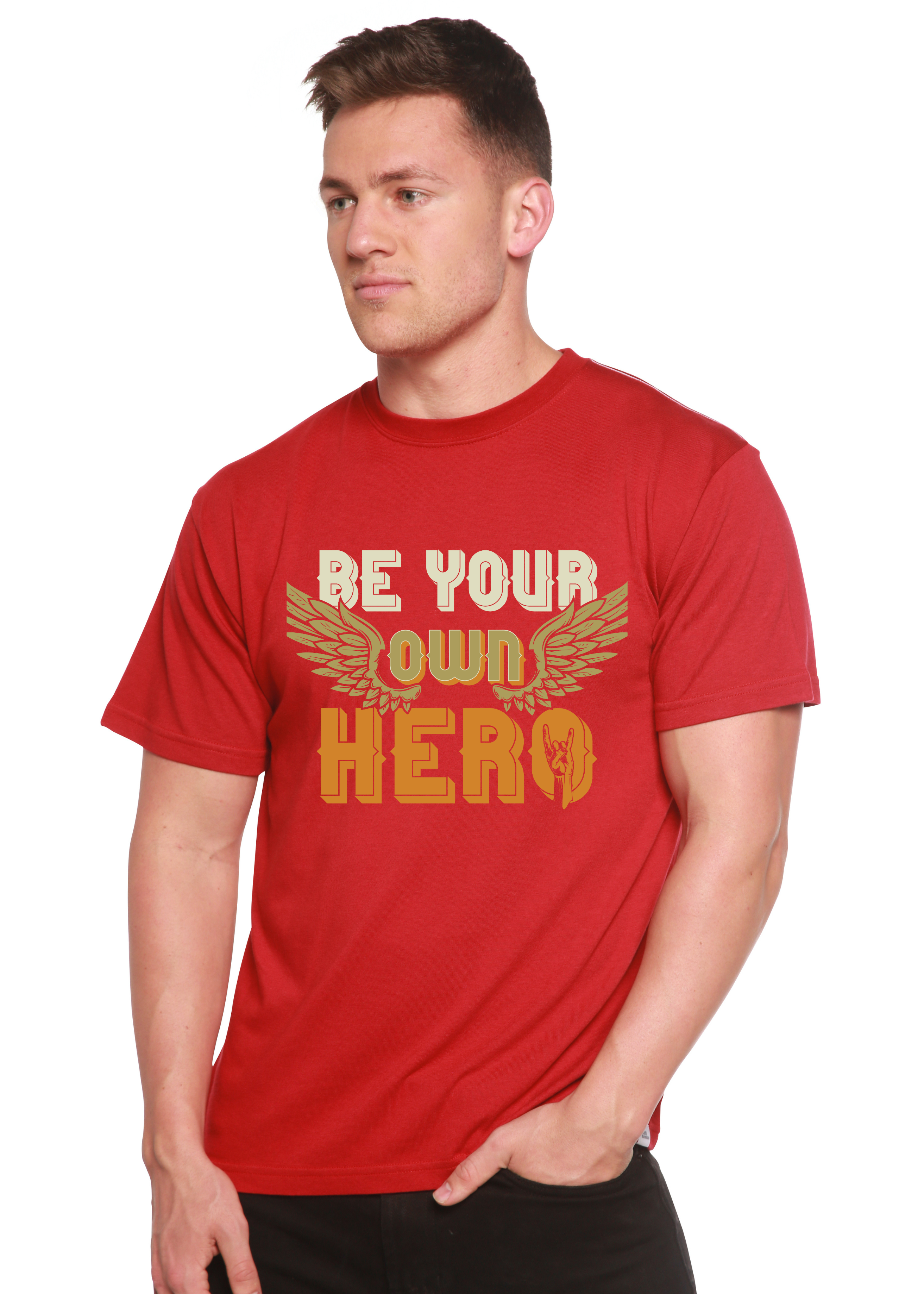 T-shirt graphique à manches courtes pour homme en viscose de bambou/coton biologique "Be Your Own Hero"
