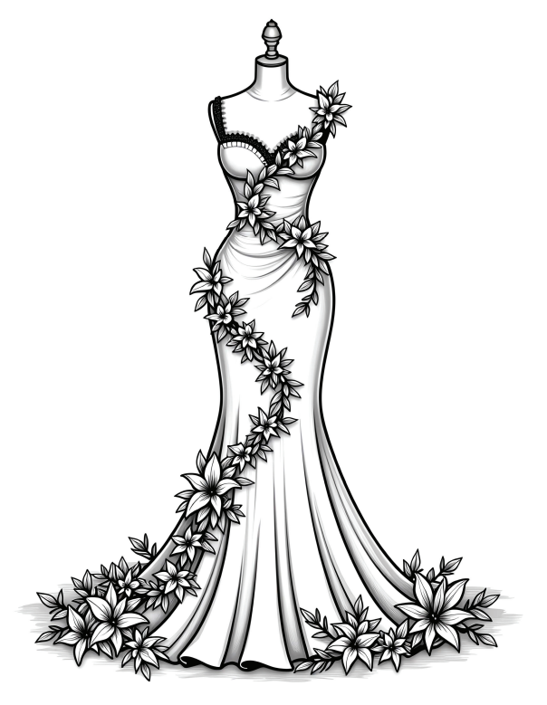 Floral Wedding Dress Coloring Book – 40 Page Printable PDF