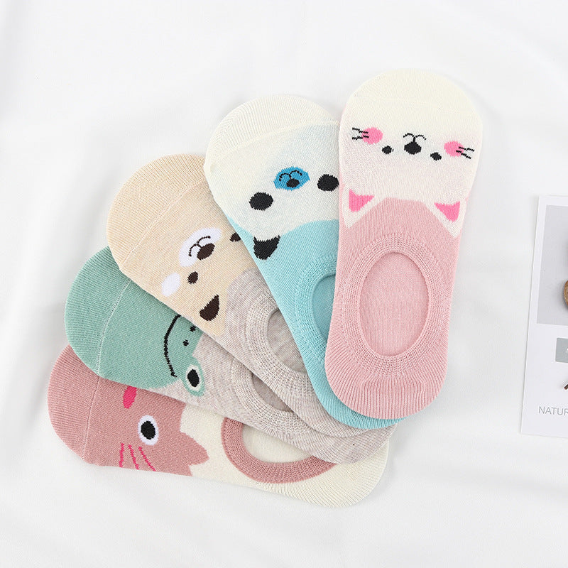 5 paires de chaussettes bateau en coton pour femmes, motif animal mignon, style coréen, chat, chien, panda, coupe basse, socquettes courtes