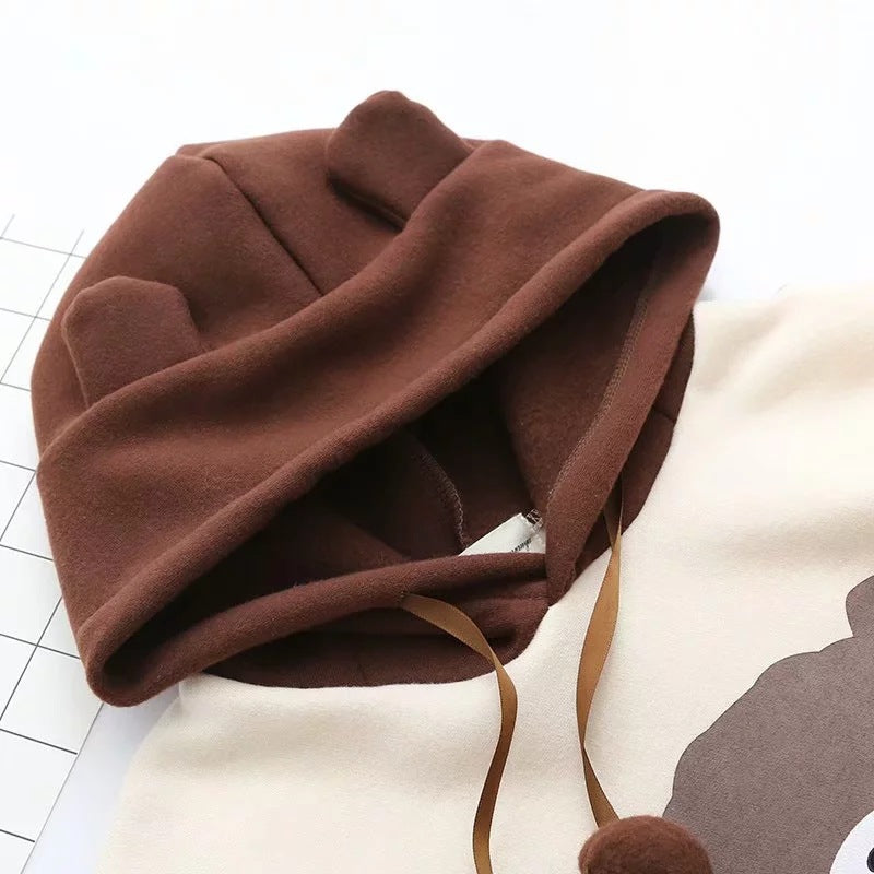 Sweat à capuche femme avec oreilles d'ours, manches longues, ruban, pompon, mignon, pull à capuche, haut, sweat-shirt à capuche
