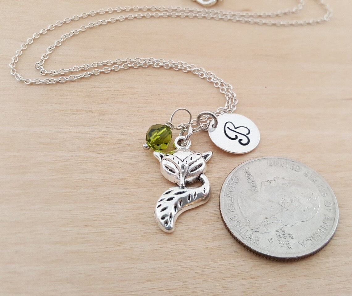 Collier Renard – Argent sterling avec pierre de naissance et breloque initiale