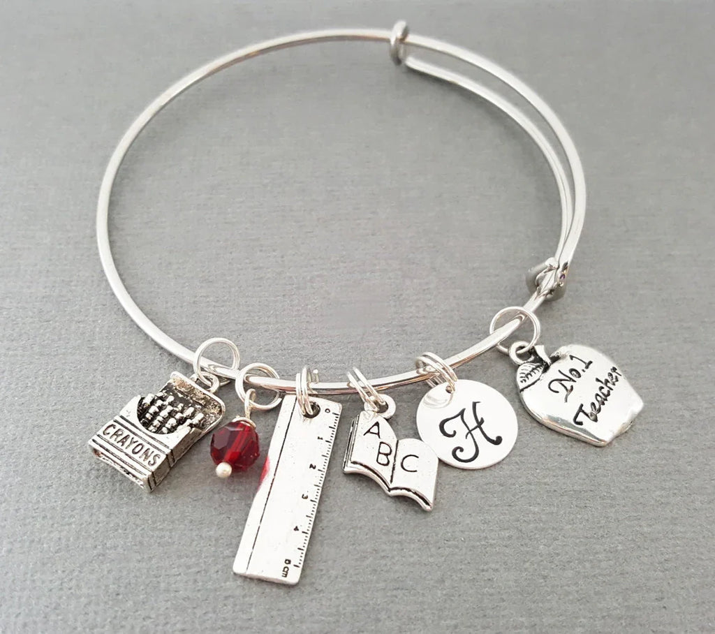 Bracelet personnalisé pour enseignant – Jonc ajustable avec pierre de naissance et initiale