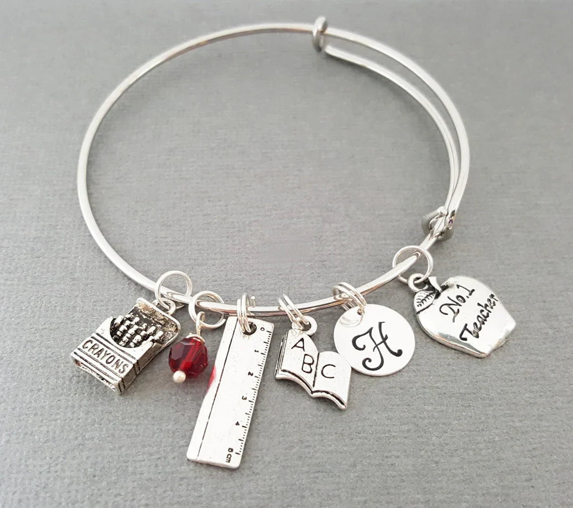 Bracelet personnalisé pour enseignant – Jonc ajustable avec pierre de naissance et initiale