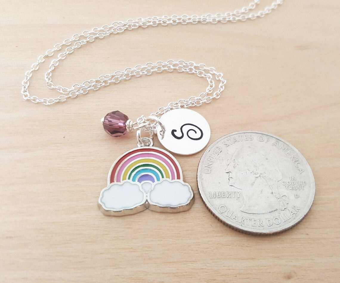 Collier Arc-en-ciel – Argent sterling avec pierre de naissance et breloque initiale