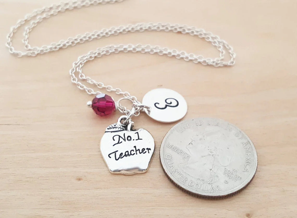 #1 Collier d’enseignant – Chaîne en argent sterling avec pierre de naissance et initiale