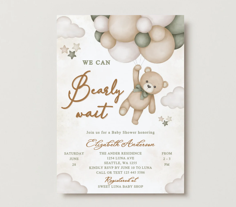 We Can Bearly Wait Baby Shower Invitation – Editable Canva Template