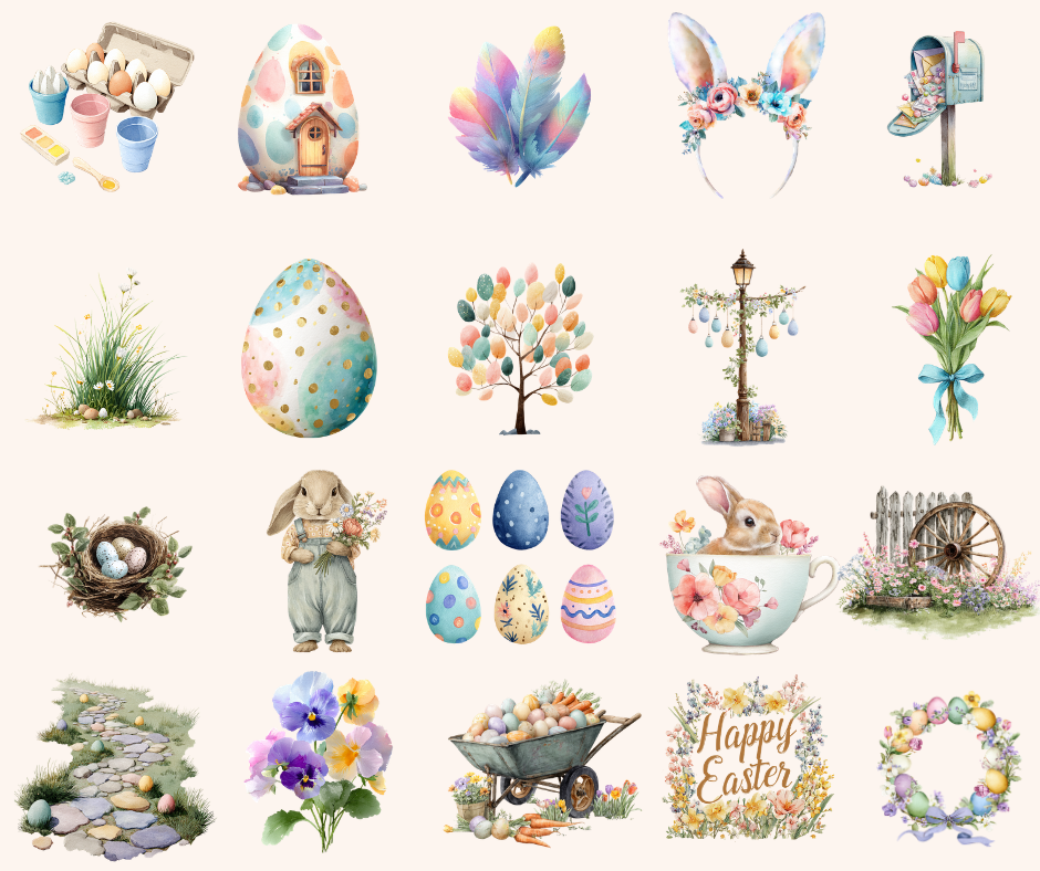 Lot de 97 images clipart aquarelles enchantées de Pâques – Graphiques PNG pastel printaniers – Utilisation commerciale incluse