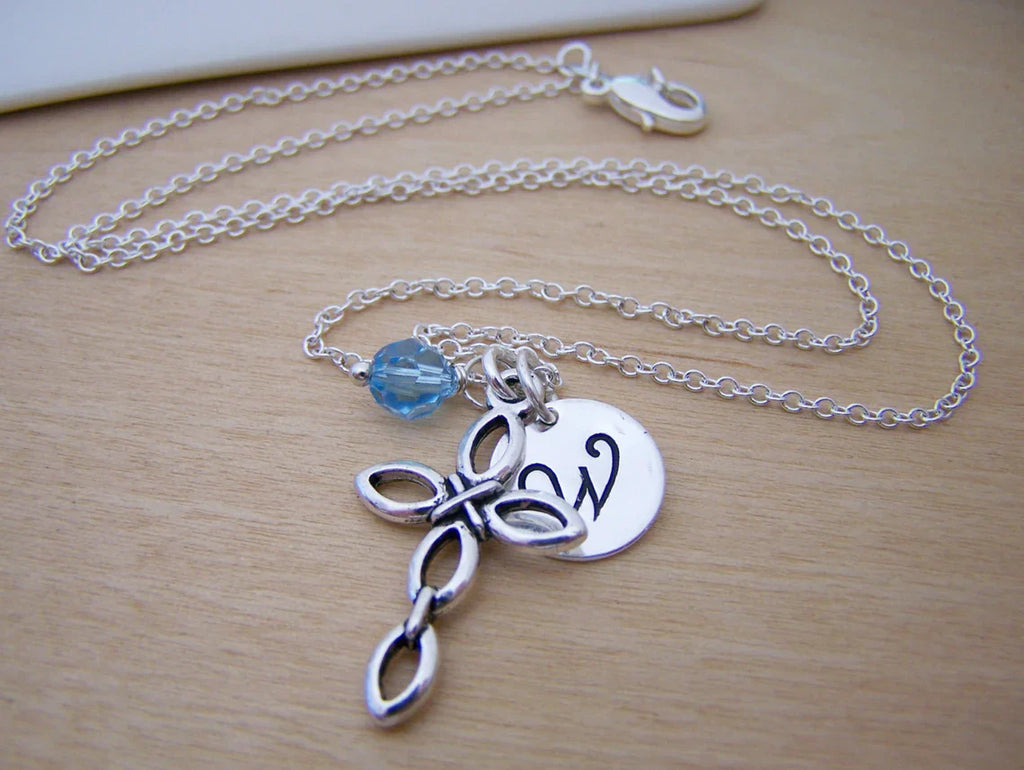 Collier croix personnalisé – Chaîne en argent sterling avec pierre de naissance et initiale