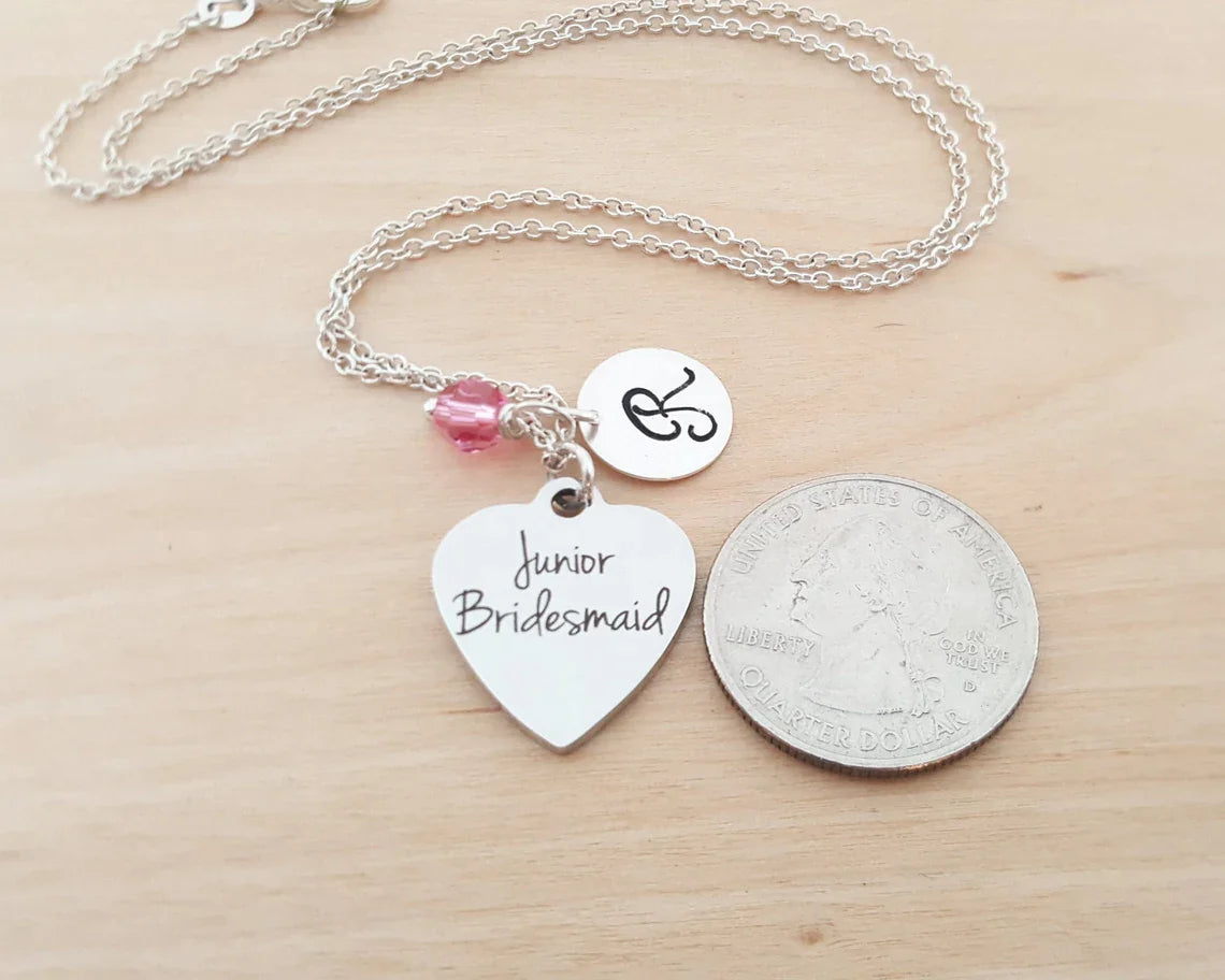 Collier Demoiselle d'Honneur Junior – Argent Sterling avec Pierre de Naissance et Initiale – Cadeau pour Demoiselle d'Honneur