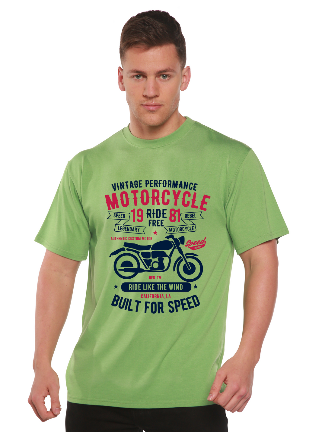 T-shirt graphique à manches courtes pour hommes en bambou/coton biologique "Motorcycle Ride Free"