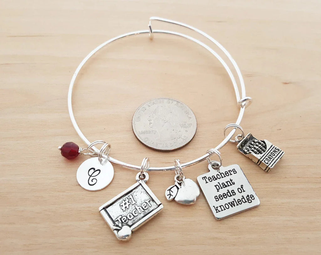 #1 Bracelet pour professeur – Jonc réglable avec pierre de naissance et initiale