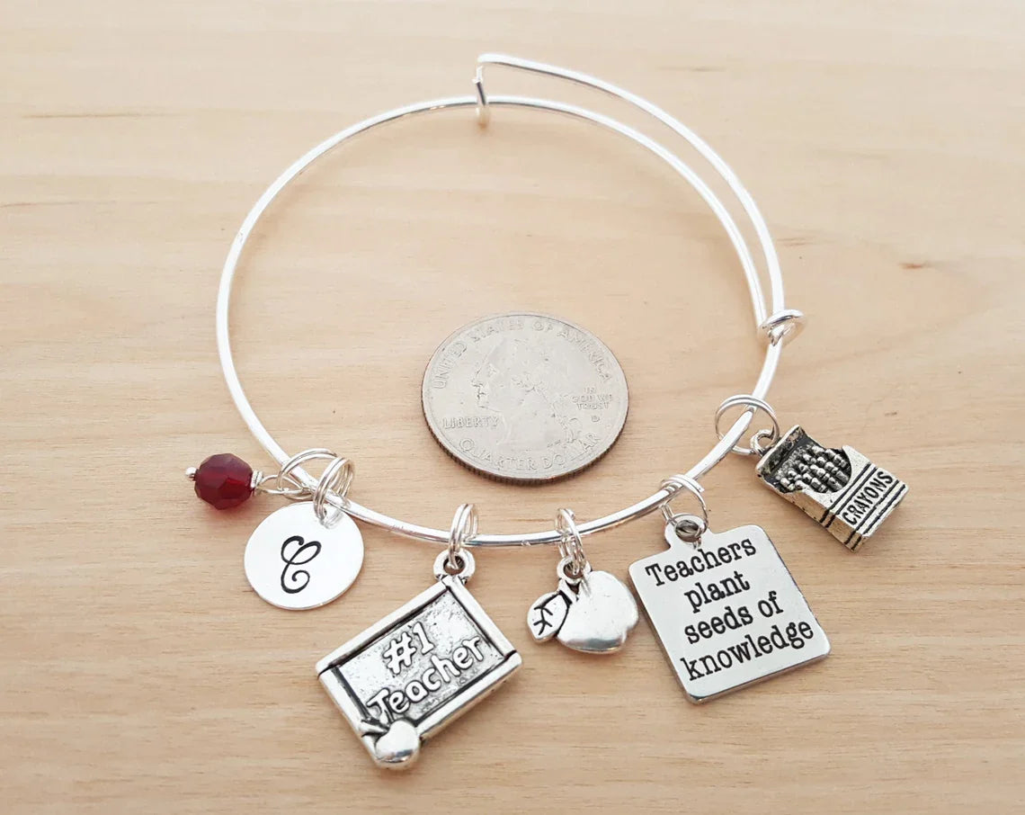 #1 Bracelet pour professeur – Jonc réglable avec pierre de naissance et initiale