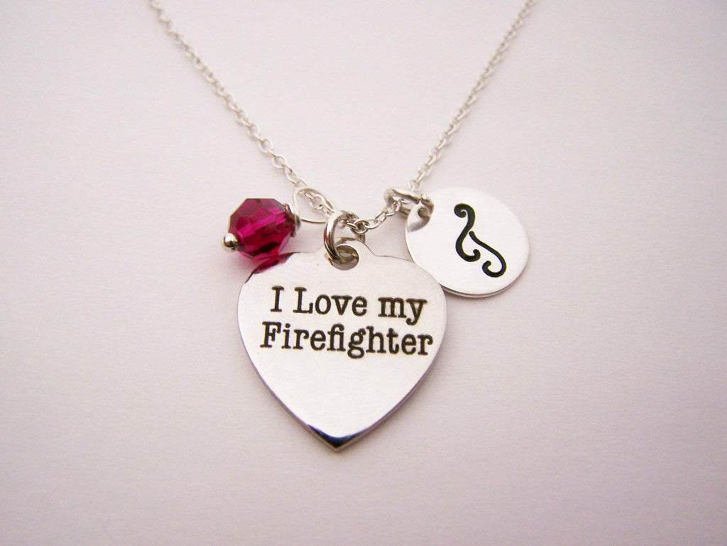 I Love My Firefighter Necklace – Personalized Sterling Silver Jewelry with Initial & Birthstone or Pearl