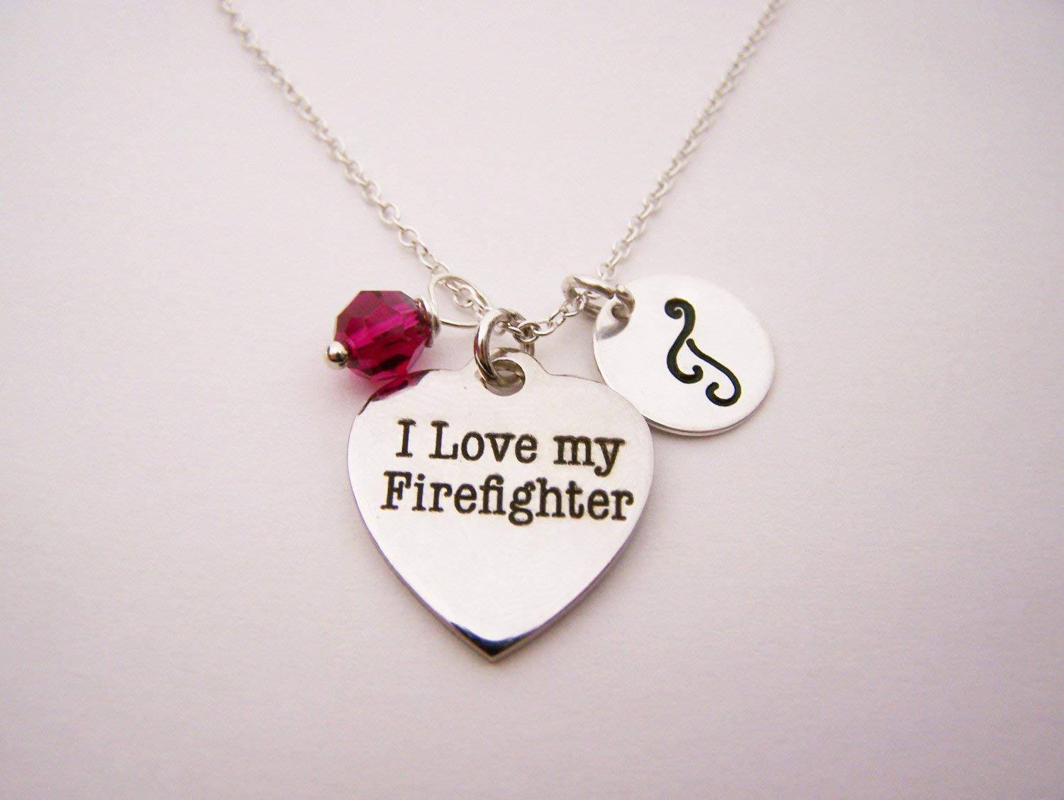 I Love My Firefighter Necklace – Personalized Sterling Silver Jewelry with Initial & Birthstone or Pearl
