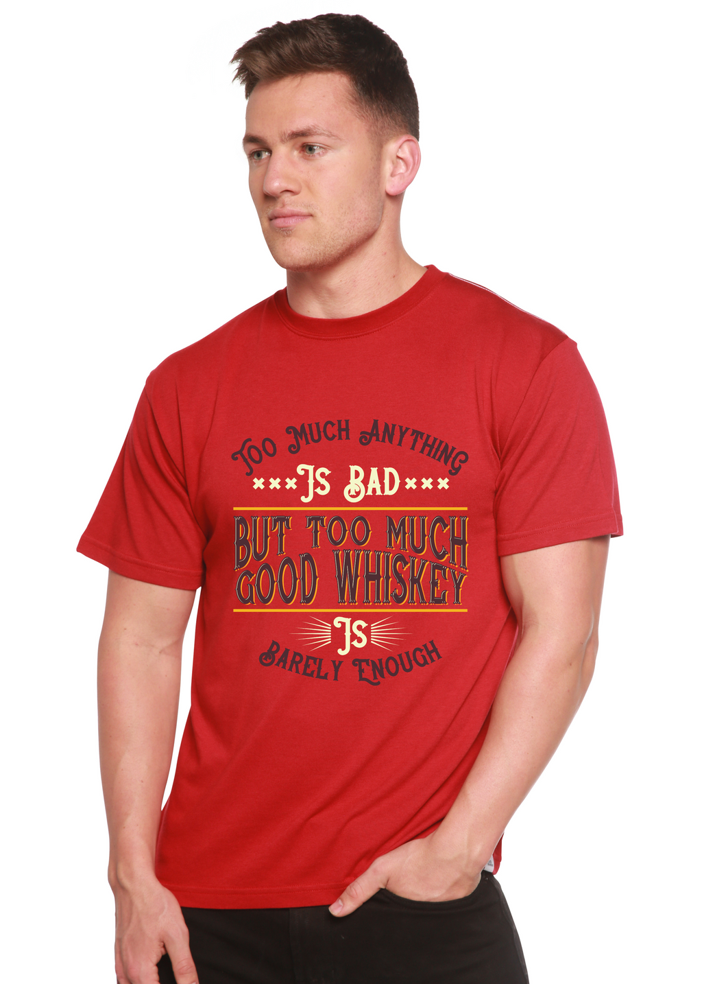 T-shirt graphique à manches courtes en viscose de bambou/coton biologique pour homme But Too Much Good Whiskey