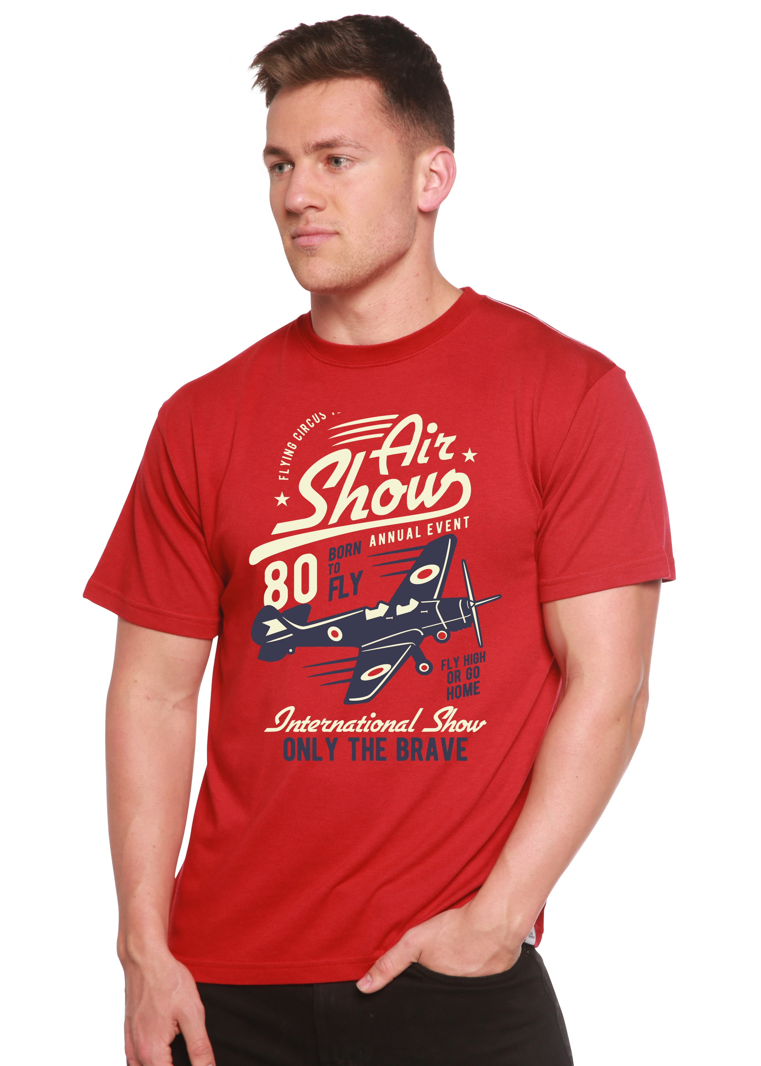 T-shirt à manches courtes avec motif graphique en viscose de bambou et coton biologique pour homme, motif « Meeting aérien »