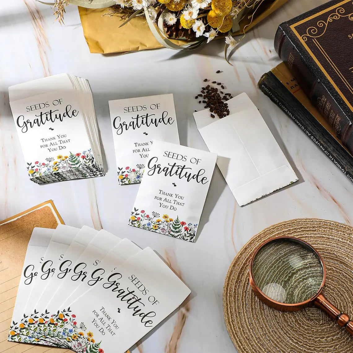 Sachets de graines de gratitude (lot de 25) • Sachets de graines « Merci » • Petits cadeaux de graines de fleurs sauvages