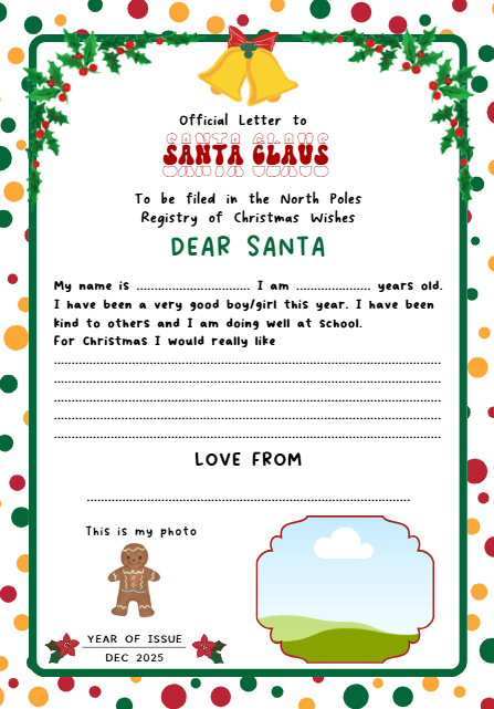 Lot de modèles Canva pour lettres au Père Noël – Certificat de la liste des enfants sages, liste de souhaits et enveloppes du pôle Nord