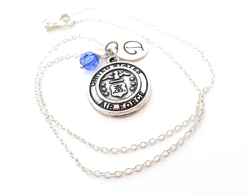 Collier Personnalisé Armée de l'Air – Chaîne en Argent Sterling avec Pierre de Naissance et Initiale