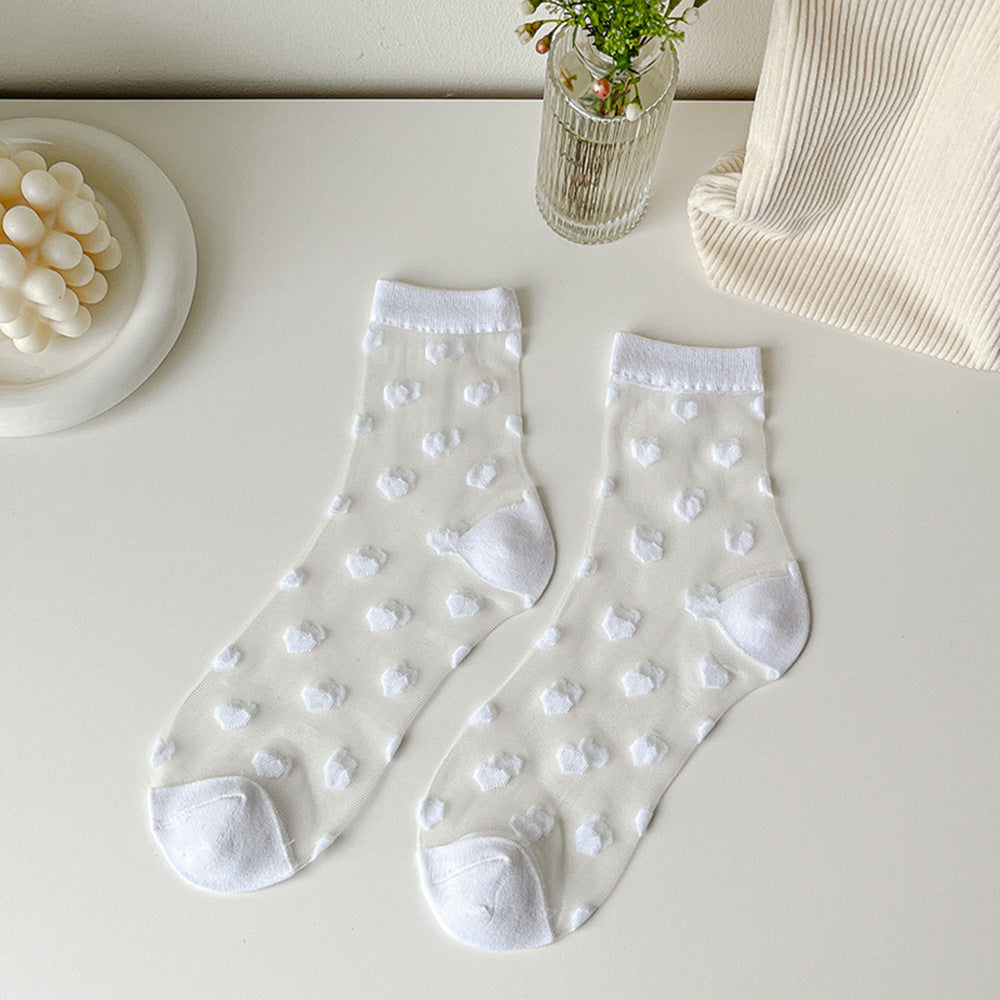 Chaussettes pour femmes Nouvelle mode longues transparentes avec motif de cœur mignon, chaussettes fines pour femme, été décontractées, chaussettes amusantes et élégantes à la cheville pour femmes