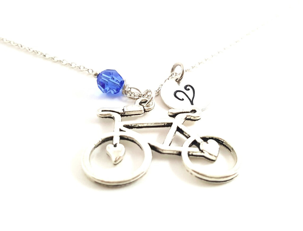 Collier de vélo personnalisé – Chaîne en argent sterling avec pendentif cœur, pierre de naissance et initiale