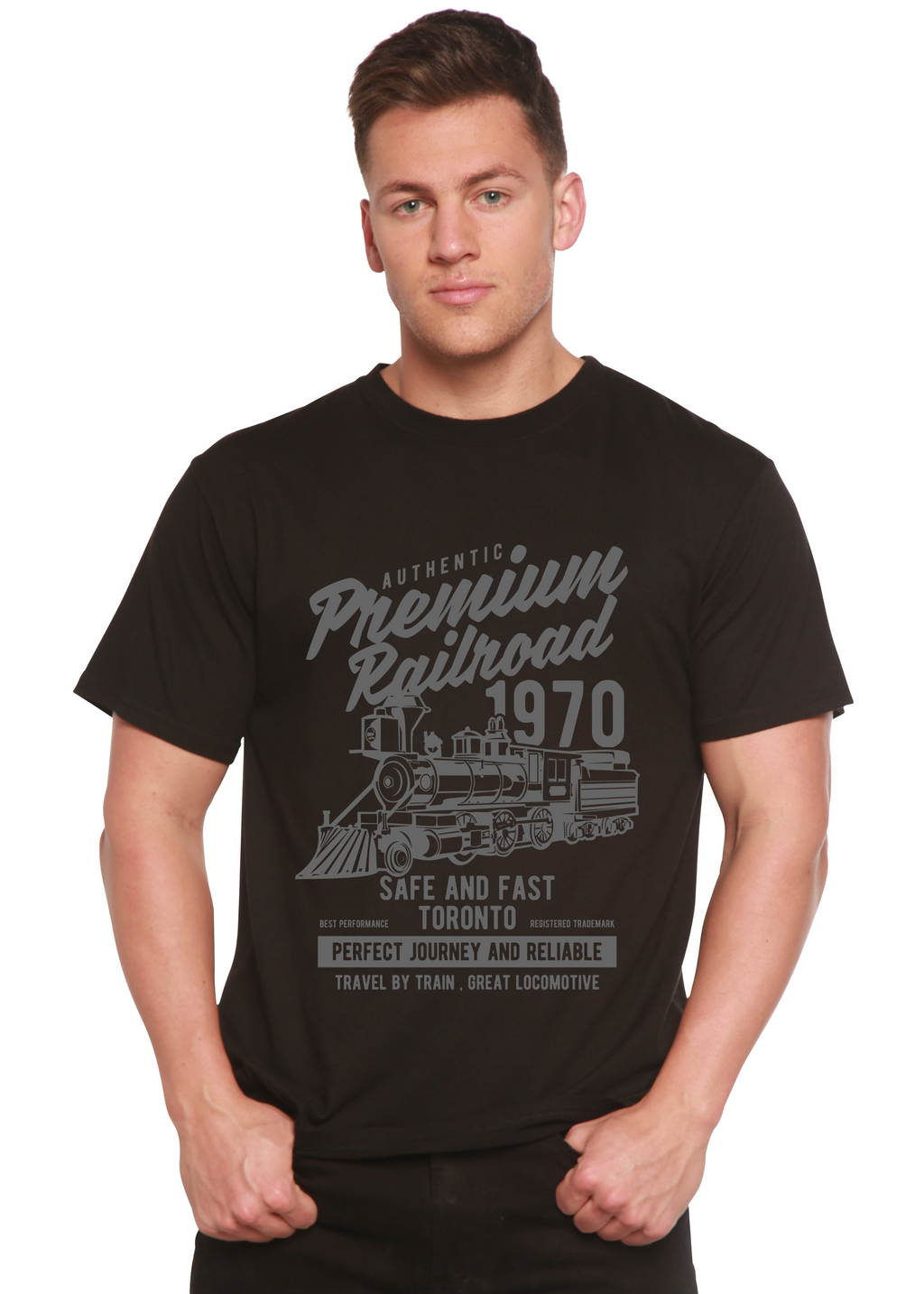 T-shirt graphique à manches courtes en viscose de bambou et coton biologique pour homme Railroad Spun Bamboo® Premium