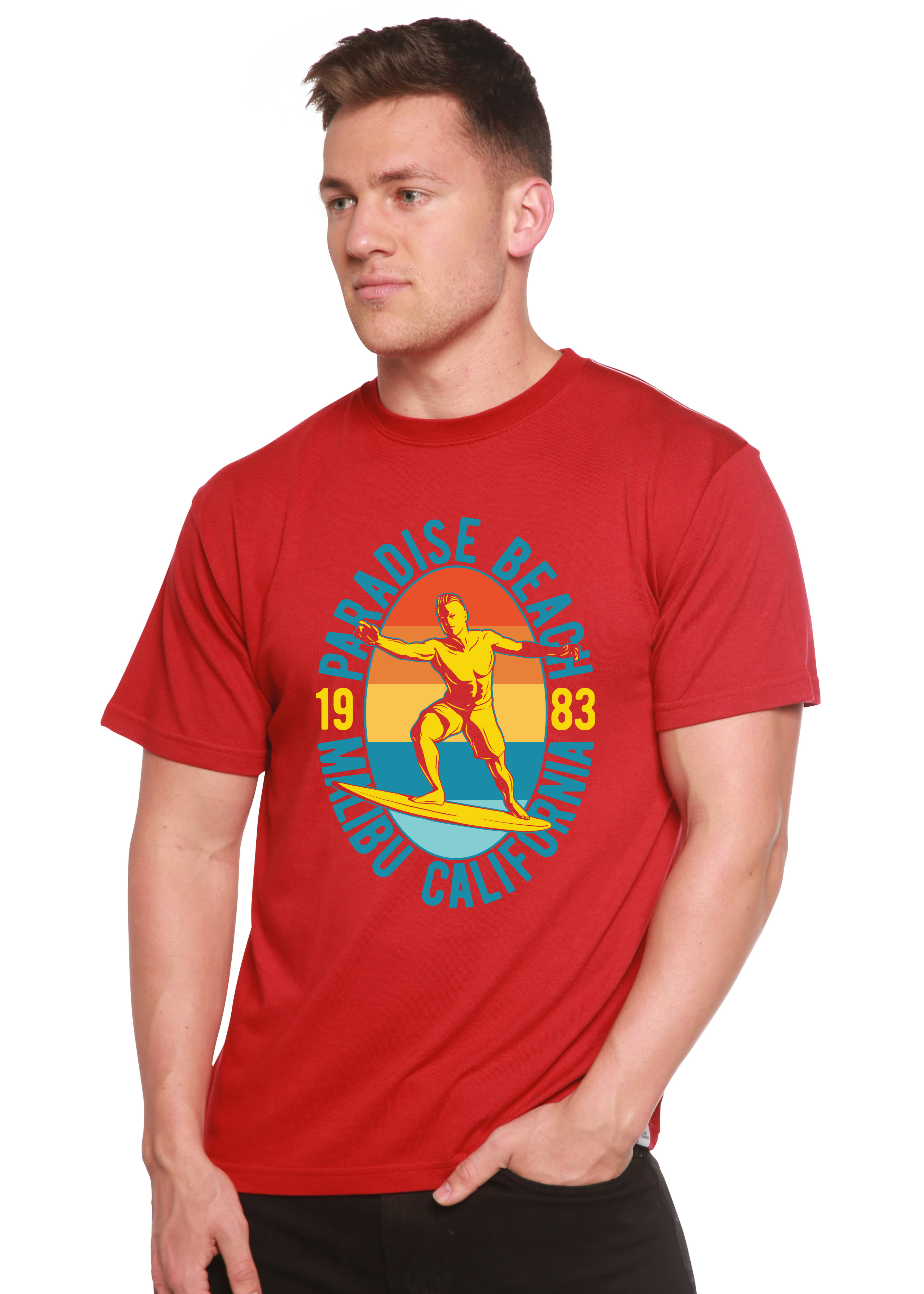 T-shirt graphique Paradise Beach 1983 à manches courtes en viscose de bambou/coton biologique pour homme