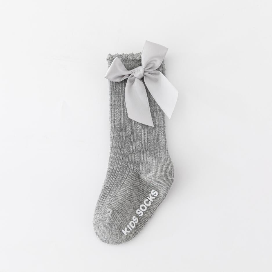 Nouvelles chaussettes extensibles pour enfants, tout-petons, filles, avec grand nœud, hauteur genou, longues, en coton doux, en dentelle, confortables, colorées