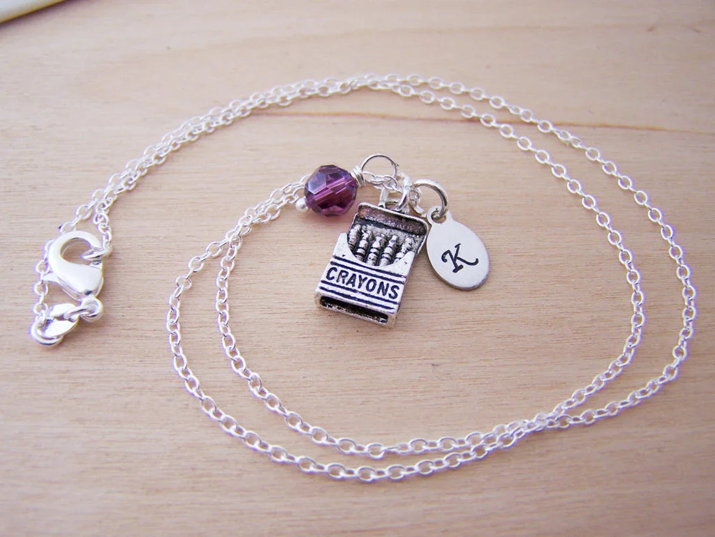 Collier Crayon Personnalisé – Chaîne en Argent Sterling avec Pierre de Naissance et Initiale
