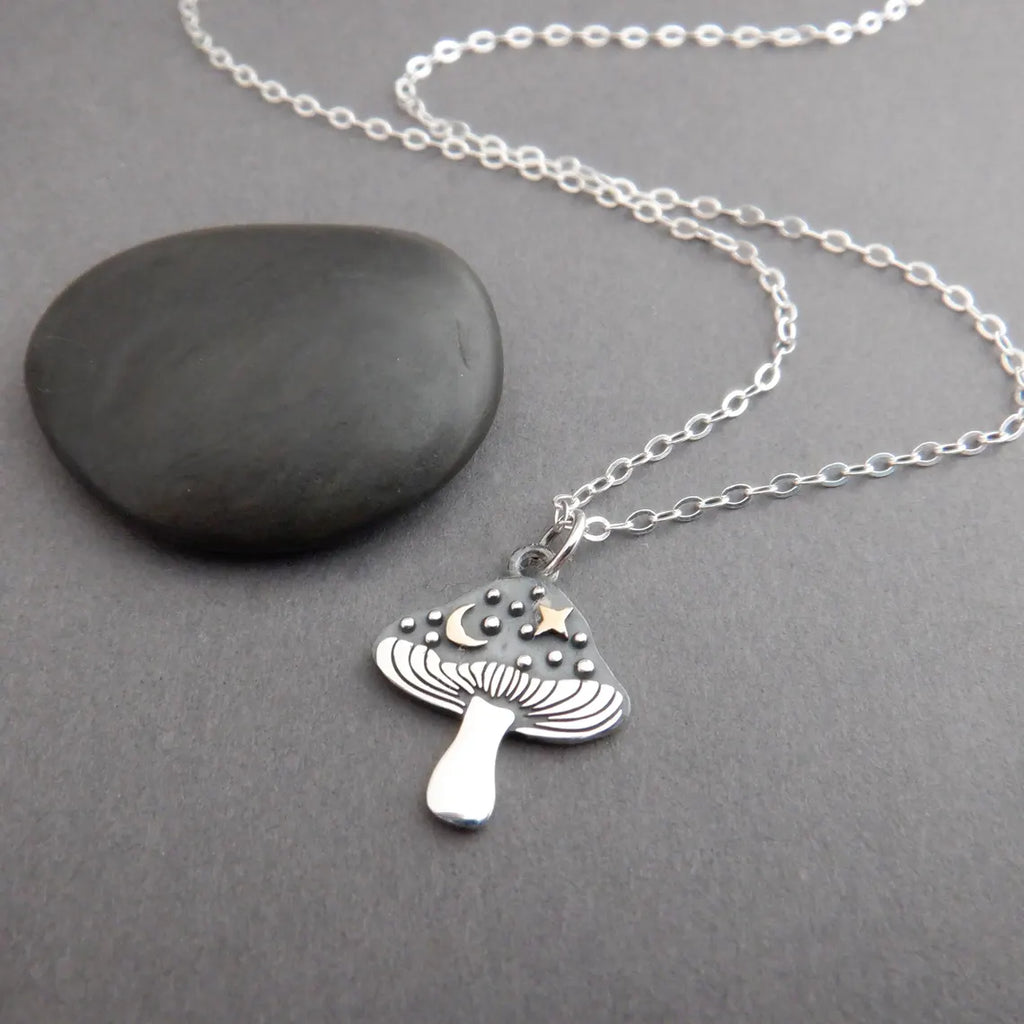 Mushroom & Moon Necklace – Sterling Silver with Bronze Crescent and Star, 18" Chain