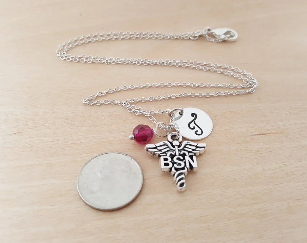 Collier d'infirmière BSN personnalisé – Chaîne en argent sterling avec pierre de naissance et initiale
