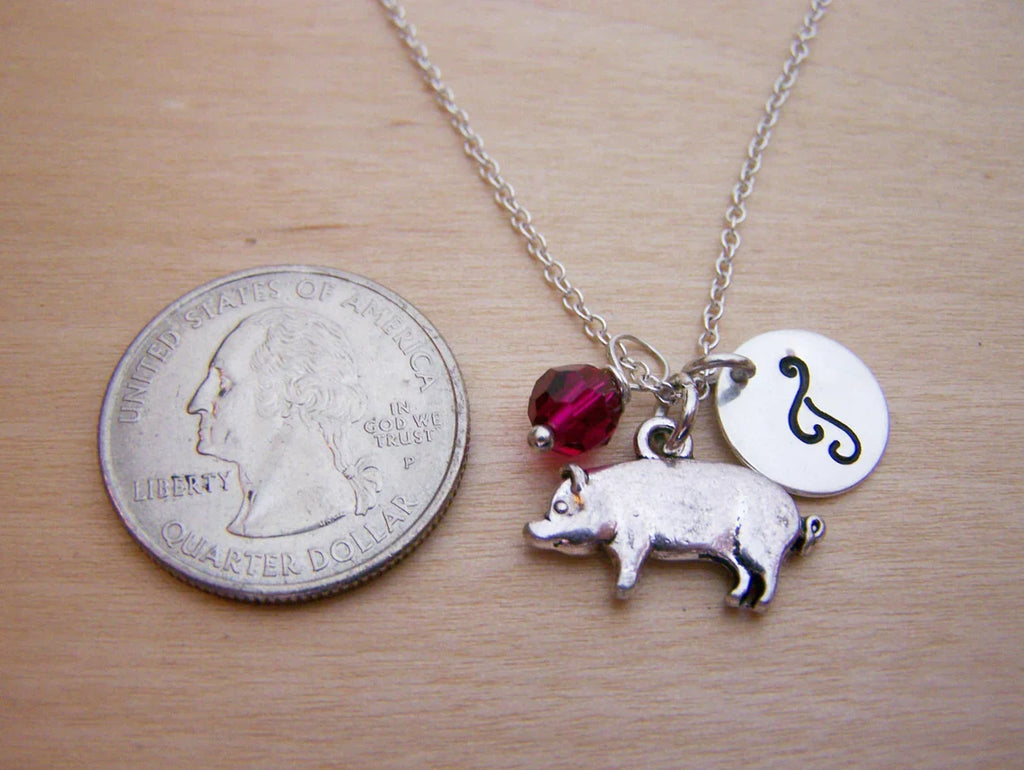 Collier Cochon – Argent Sterling avec Pierre de Naissance et Breloque Initiale