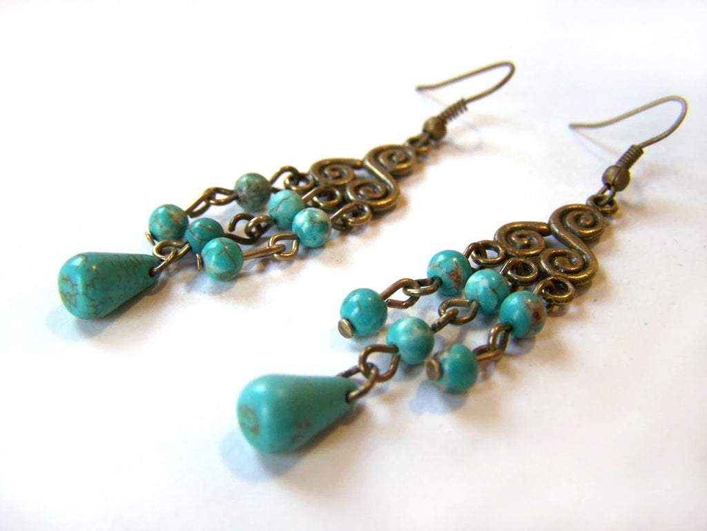 Turquoise and Antiqued Brass Dangle Earrings – Handcrafted, 2.5 Inch