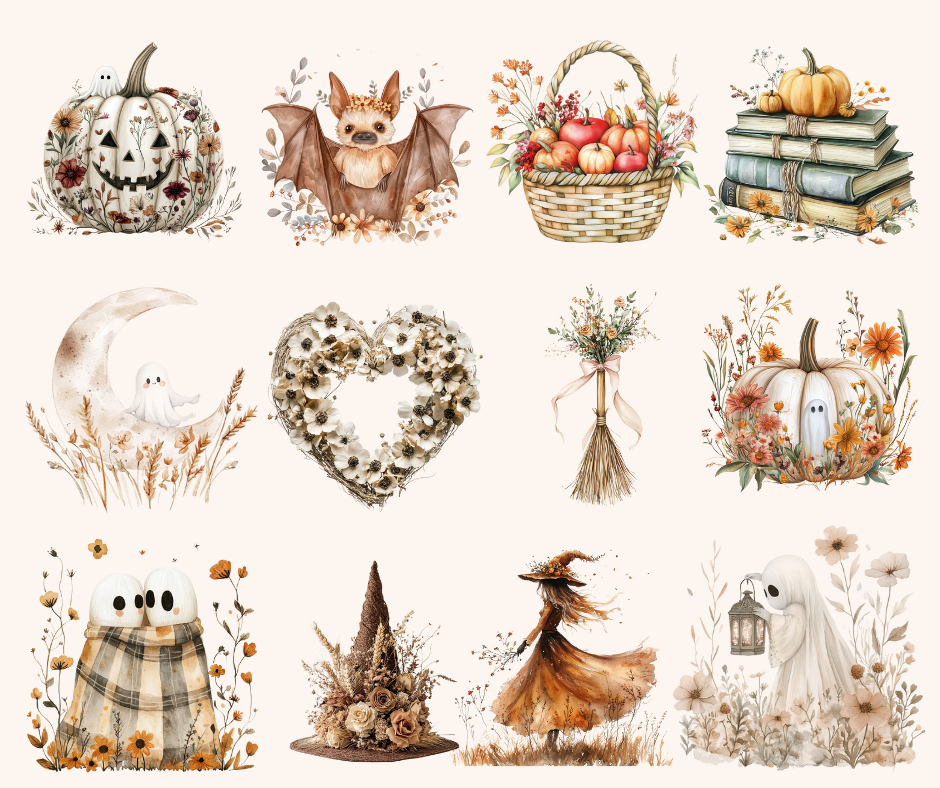 Lot d'images clipart d'Halloween bohèmes à l'aquarelle – 107 fichiers PNG, 300 DPI, licence commerciale
