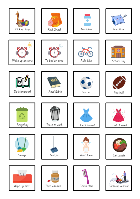 Tableau des tâches modifiable pour enfants – Modèle Canva avec plus de 100 fiches de tâches visuelles imprimables