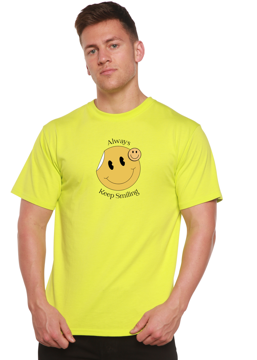T-shirt graphique à manches courtes en bambou-viscose/coton biologique pour homme avec inscription « Always Keep Smiling »