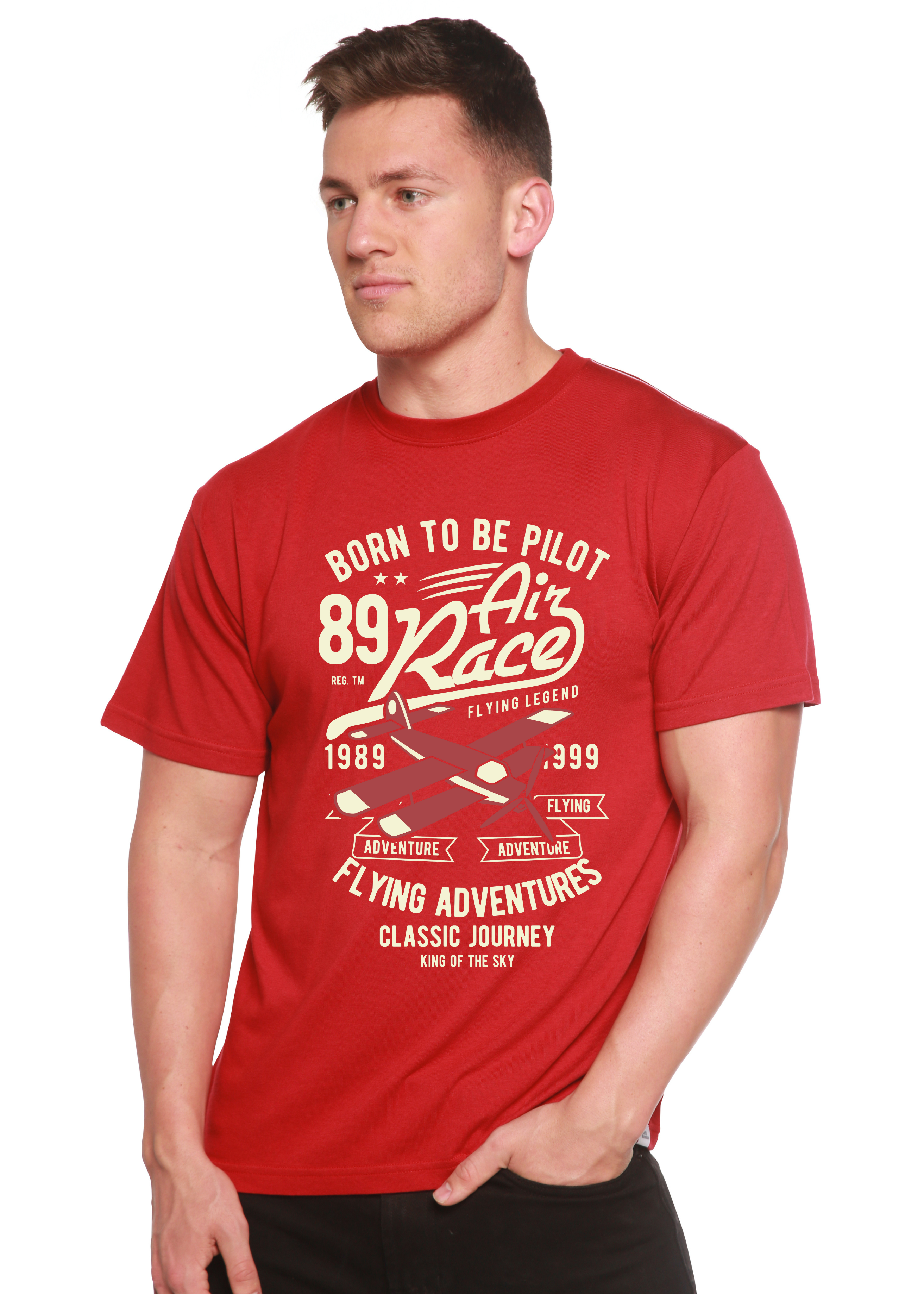 T-shirt graphique à manches courtes pour homme en viscose de bambou/coton biologique motif "Born To Be Pilot"