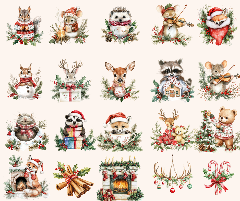 Joyeux Petit Bois – Pack de 174 Images Numériques de Noël à l'Aquarelle | Fichiers PNG, 300 DPI, Licence Commerciale Incluse