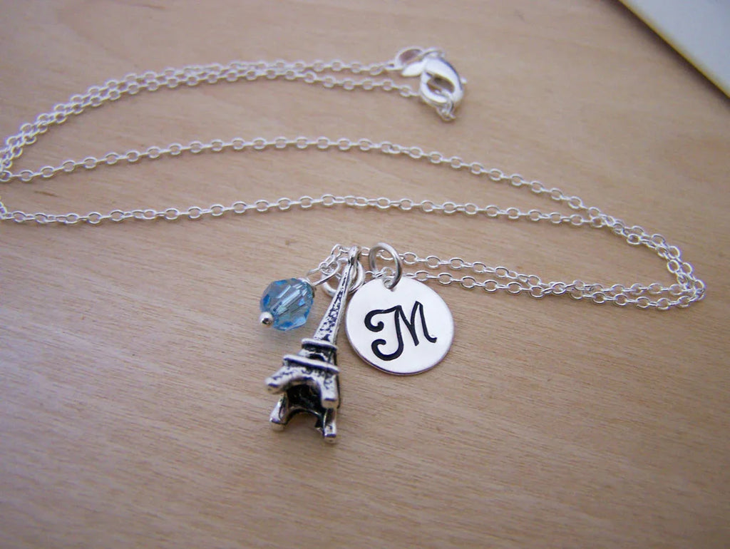 Collier Tour Eiffel – Argent Sterling avec Pierre de Naissance et Breloque Initiale