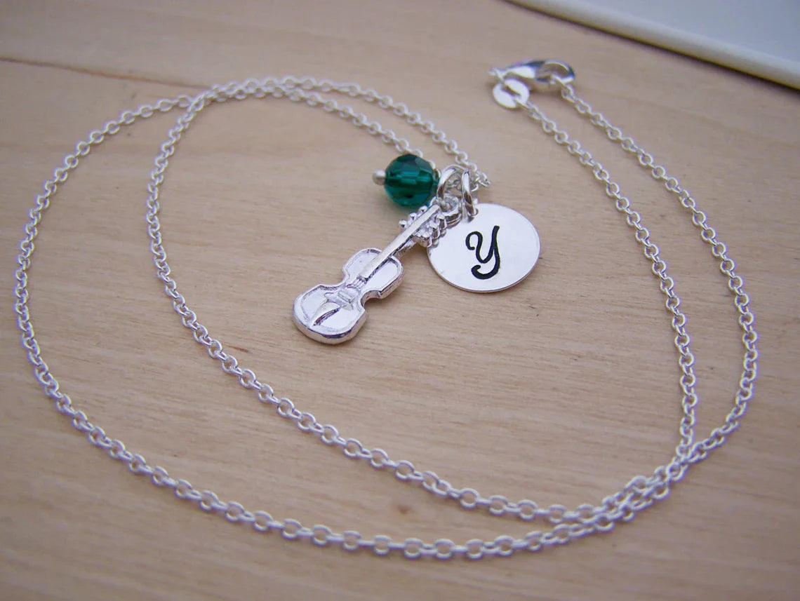Collier Violon Personnalisé – Argent Sterling avec Pierre de Naissance et Breloque Initiale