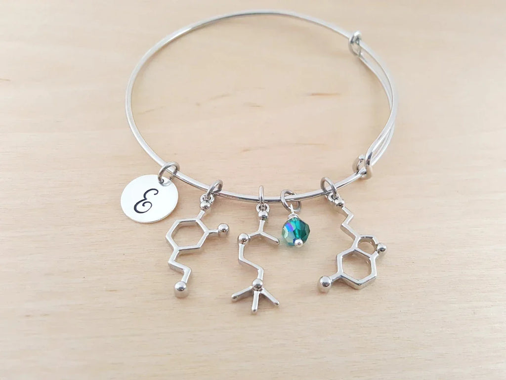 Bracelet neurotransmetteur sérotonine – Jonc ajustable avec pierre de naissance et initiale