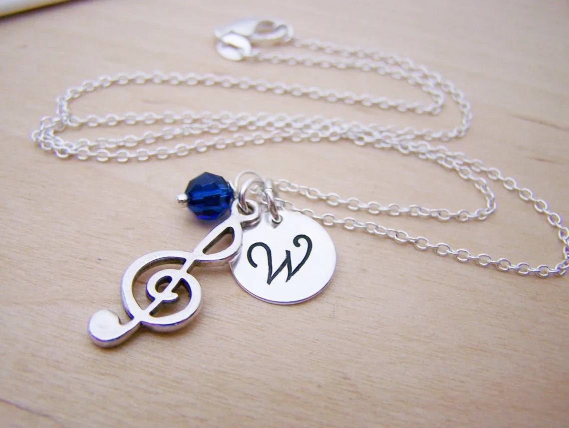 Collier clé de sol personnalisé – Chaîne en argent sterling avec pierre de naissance et initiale