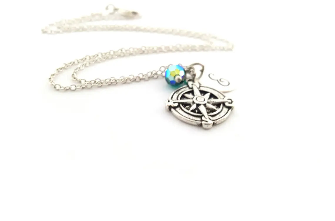 Collier boussole personnalisé – Chaîne en argent sterling avec pierre de naissance et initiale