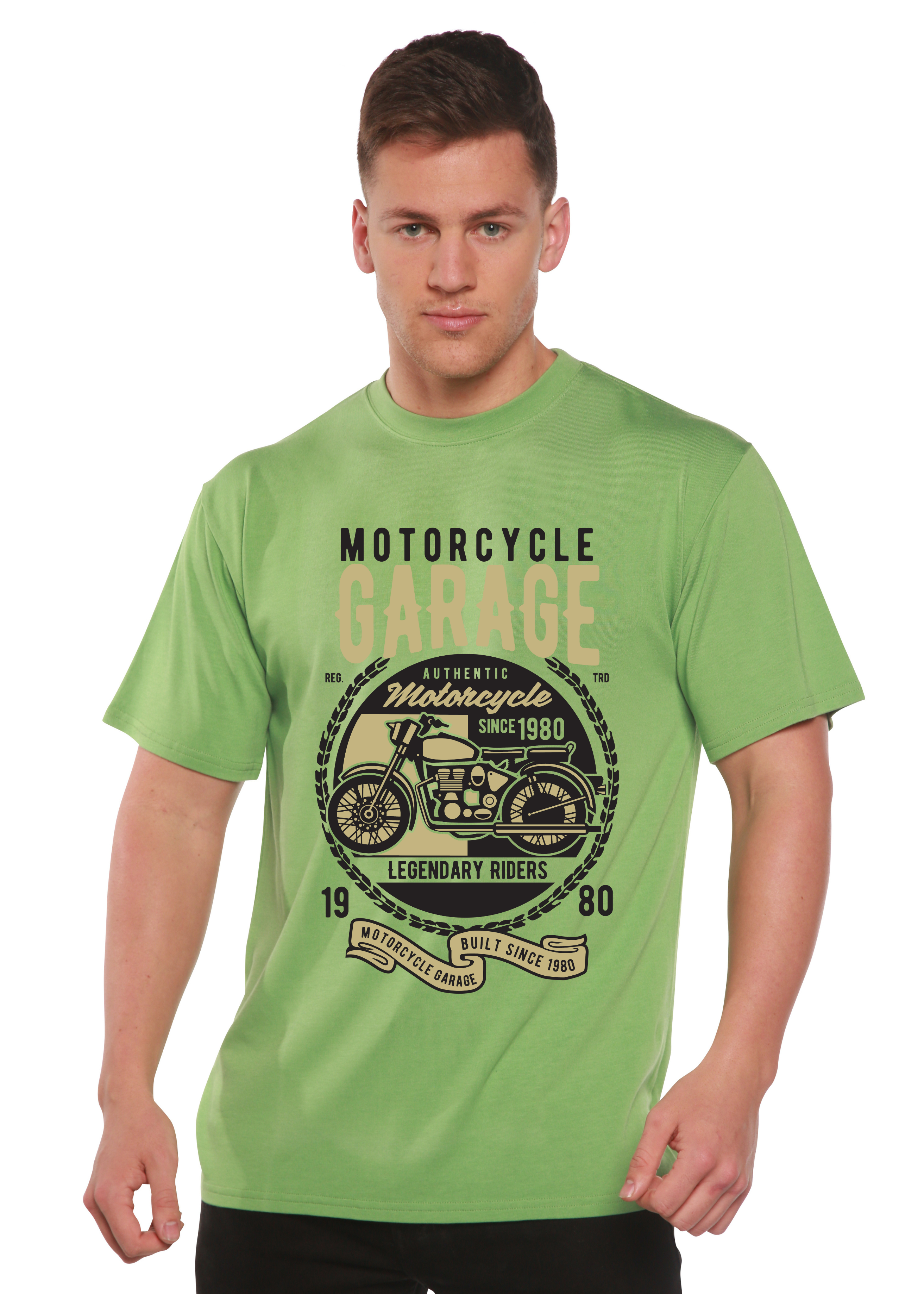 T-shirt graphique à manches courtes pour homme, en bambou, viscose et coton biologique, motif garage moto