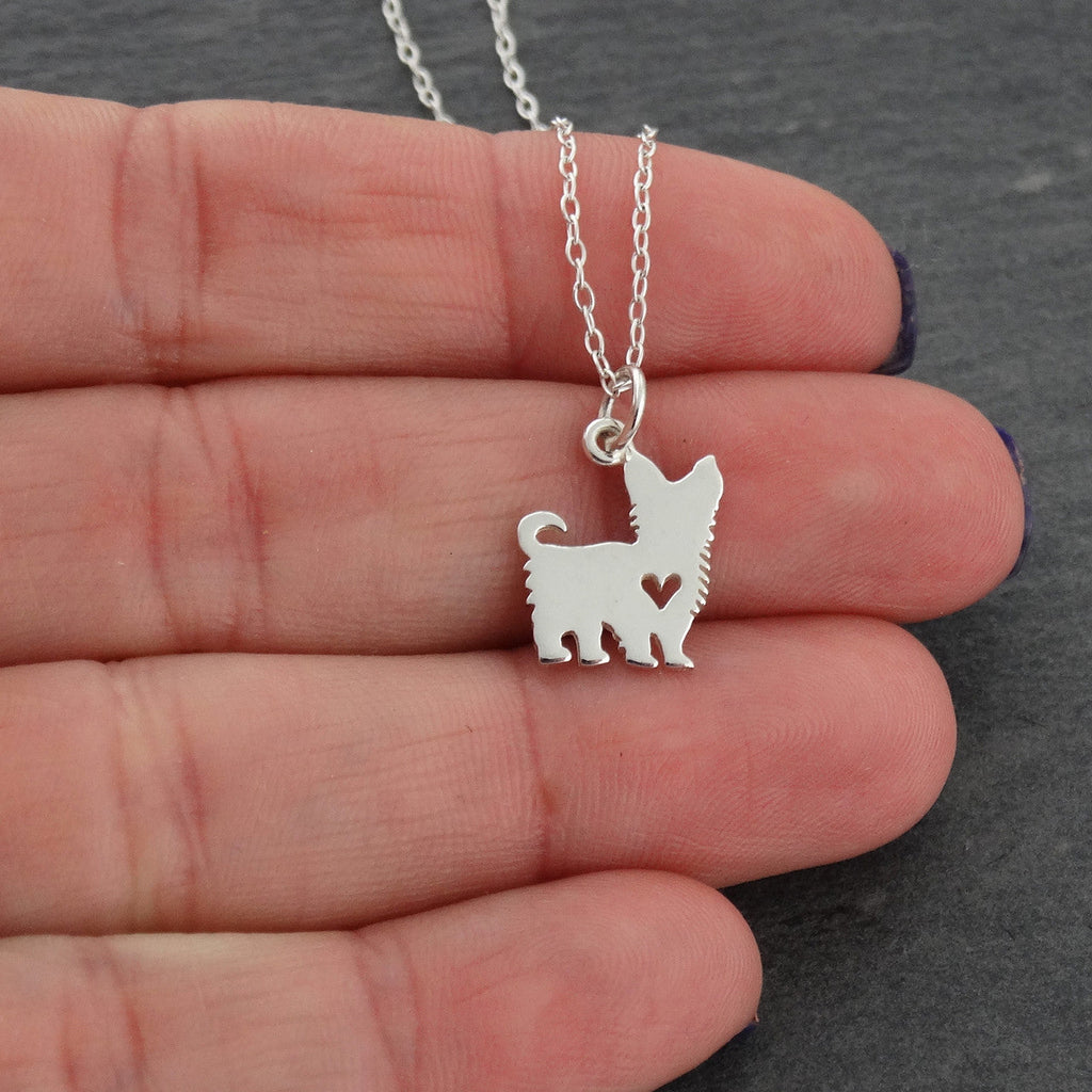 Yorkshire Terrier Necklace – Sterling Silver Dog Charm with Heart Cutout on 18" Chain