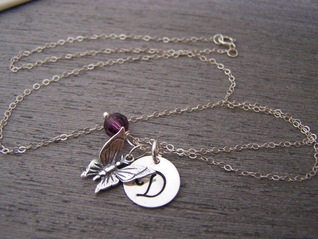 Collier papillon personnalisé – Breloque en argent sterling massif avec pierre de naissance et initiale